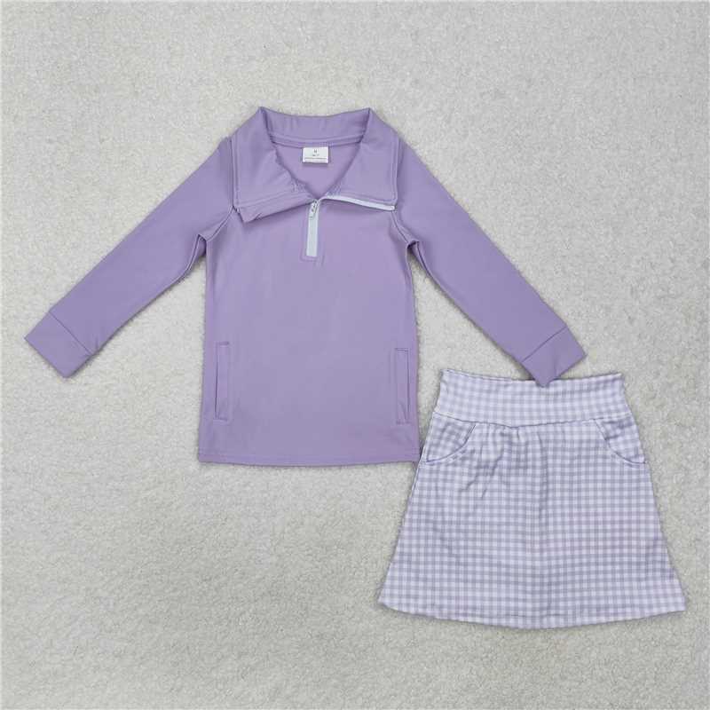 3.5 GLD0985 Pure purple zipper long sleeve plaid skirt yoga set