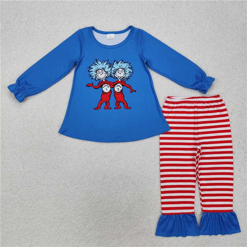GLP2177 Dr Seuss blue long-sleeved lace red striped trousers suit