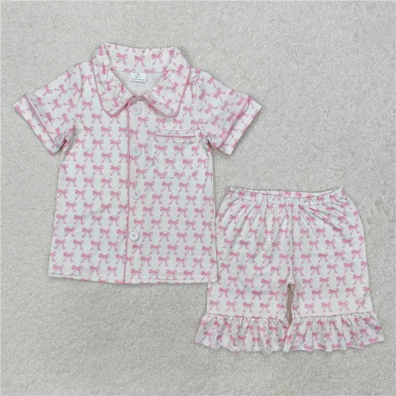 GSSO1820 White short-sleeved shorts pajama set with bow pattern