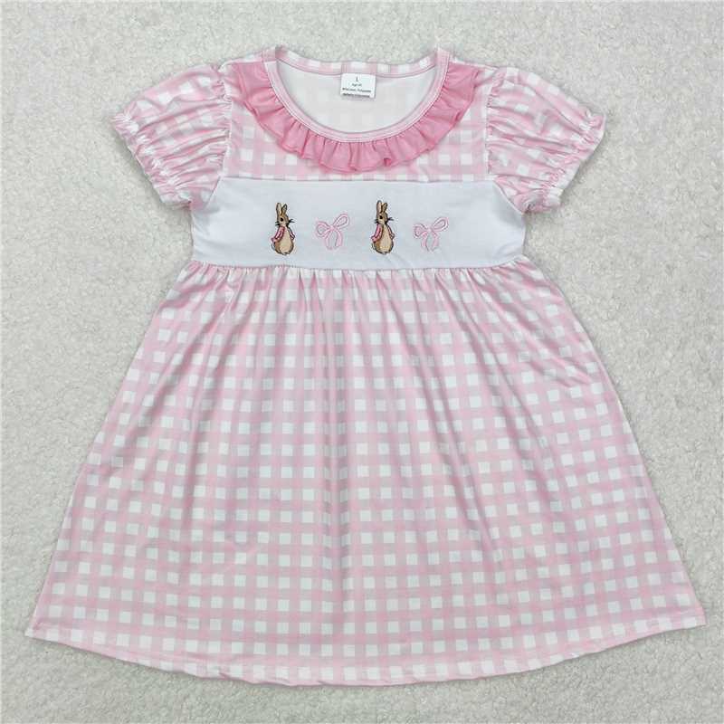 GSD1583 Embroidered Easter bunny bow pattern pink plaid short-sleeved dress