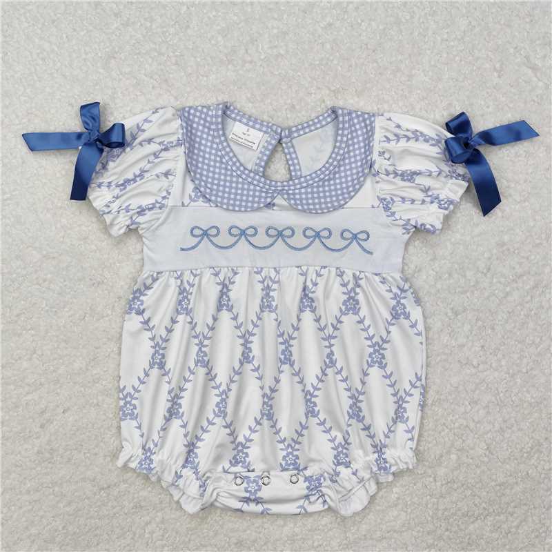 3.4SR2146 Embroidered flower, leaf and bow pattern plaid doll collar white short-sleeved jumpsuit