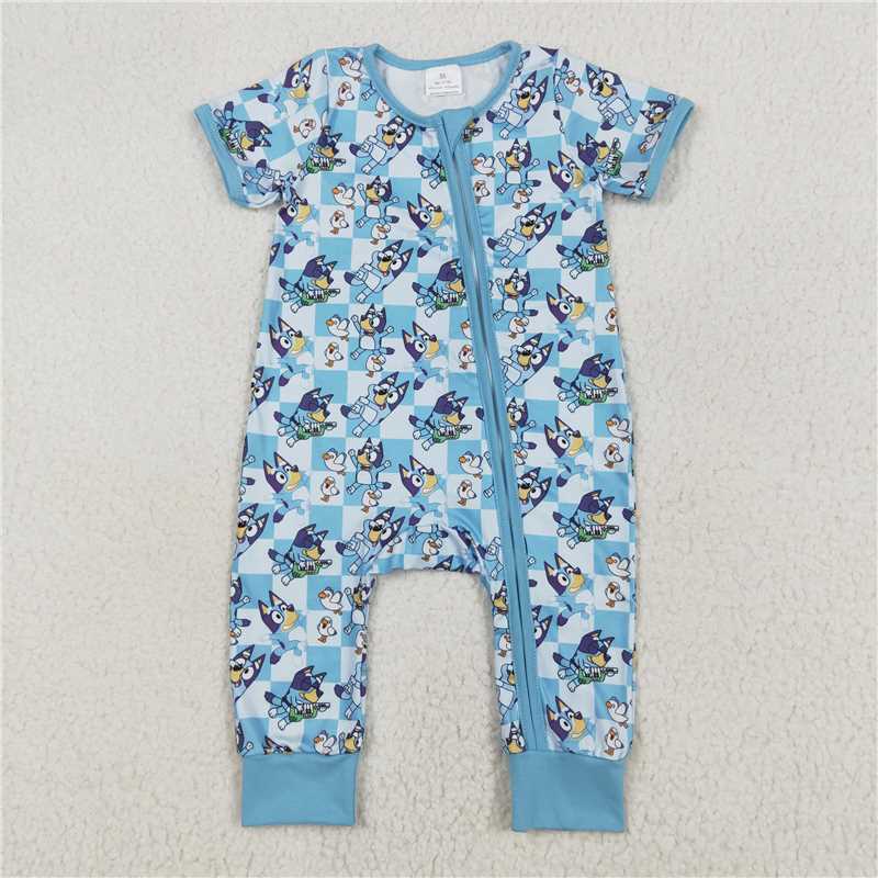 SR2454 bluey bird blue plaid zipper short-sleeved jumpsuit