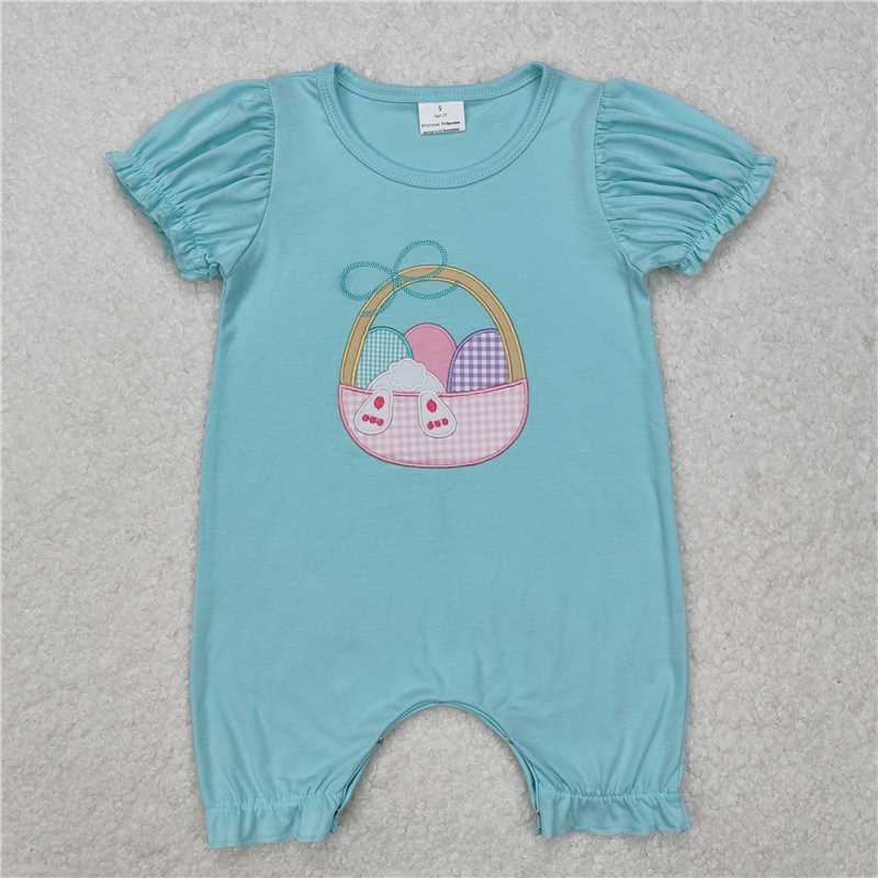 3.4SR2292 Embroidered Girls Easter Bunny Egg Basket Teal Short Sleeve Bodysuit
