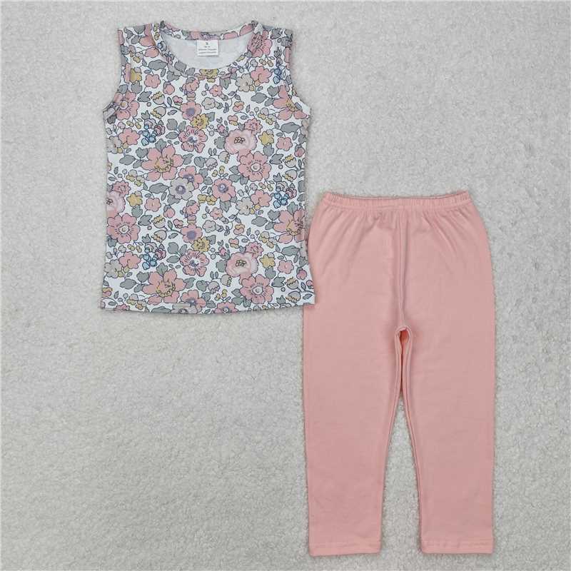 GSPO1919 Flower and leaf sleeveless vest pink trousers set