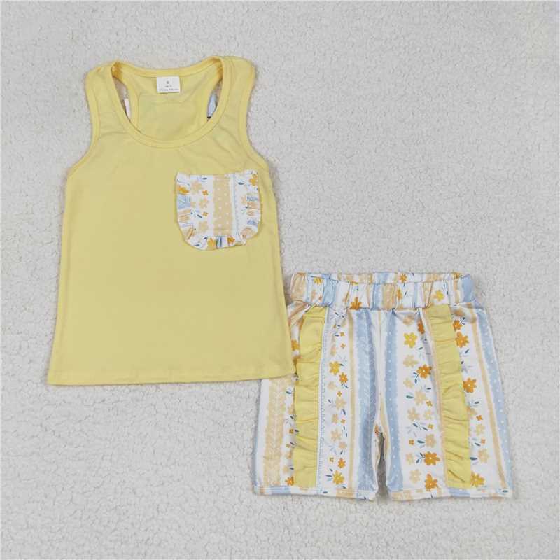 GSSO1788 Flower stripes pocket bow solid yellow vest shorts set