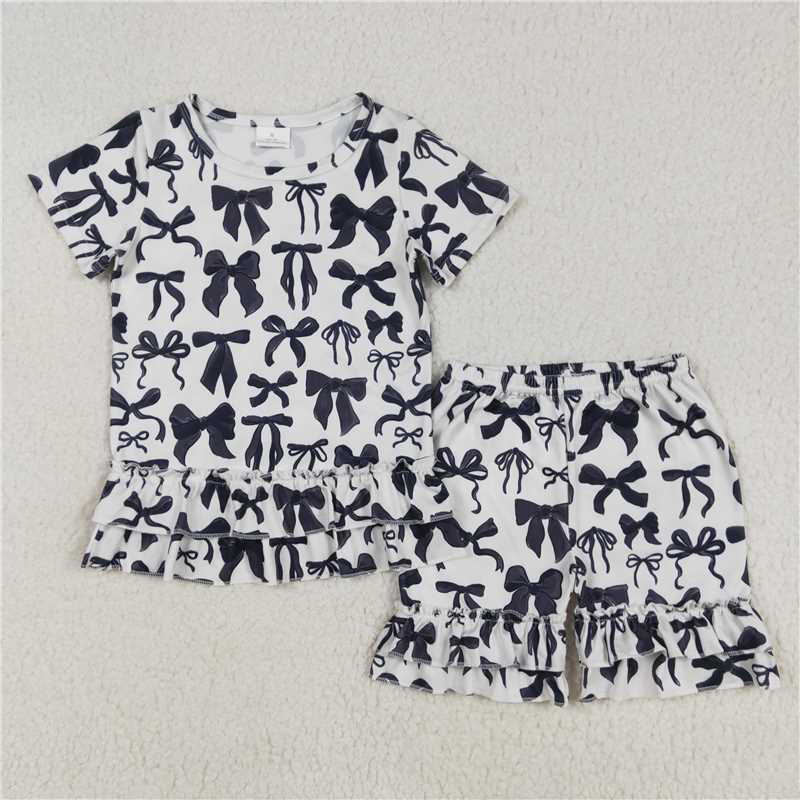 GSSO1852 Black short-sleeved shorts set with bow pattern