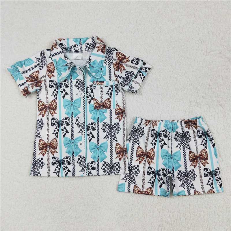 GSSO1858 Striped leopard check bow pattern blue and white short-sleeved shorts pajama set