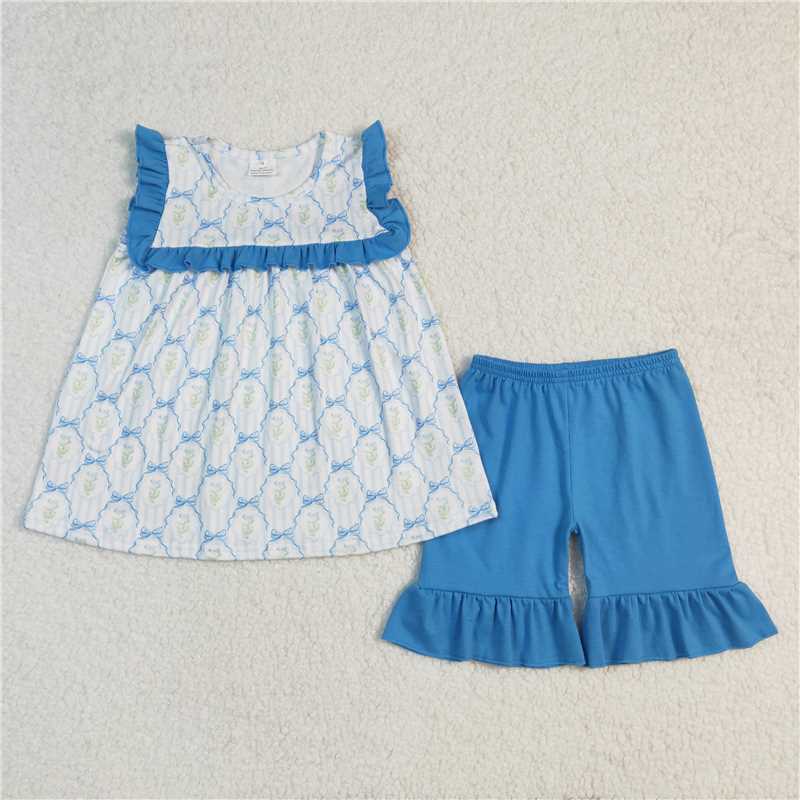 GSSO2004 Flower leaf blue lace bow pattern striped sleeveless shorts set