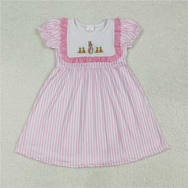 3.4GSD1532 Embroidered carrot rabbit lace pink striped short-sleeved dress