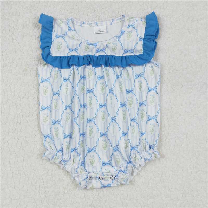SR2648 Flower leaf blue lace bow pattern striped vest jumpsuit