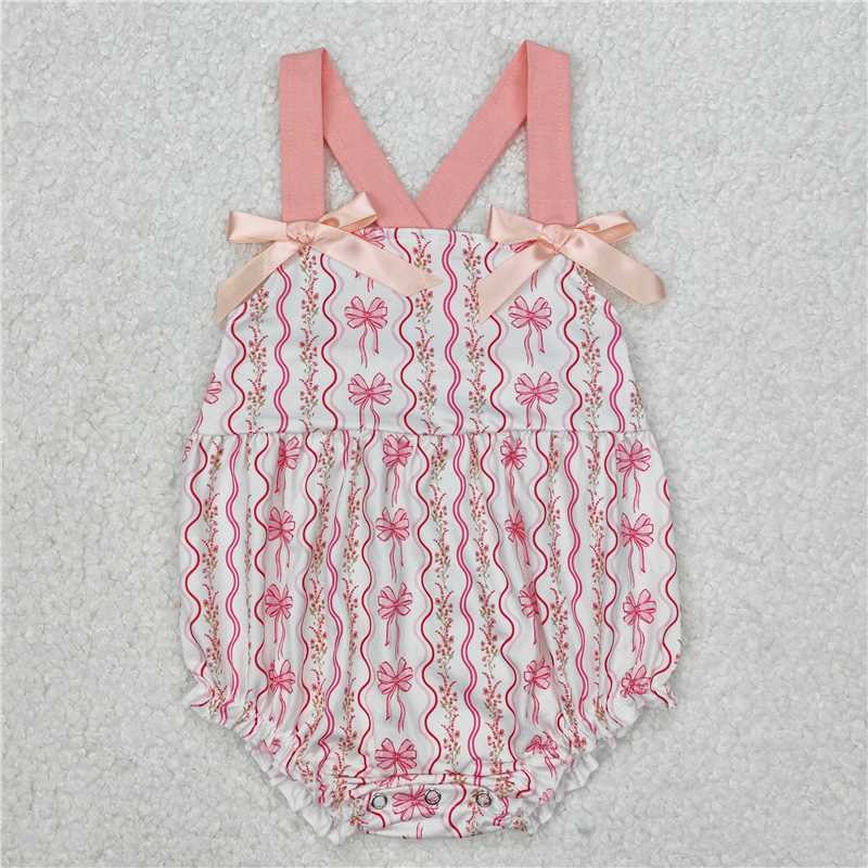 3.11 SR2704 Pink bow floral wavy vertical stripes lace white camisole jumpsuit