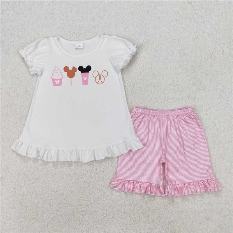 3.17 GSSO2127 Mickey Ice Cream White Short Sleeve Pink Plaid Shorts Set
