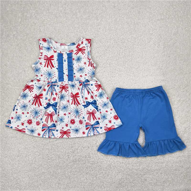 4.3 GSSO2346 National Day bow pattern star fireworks white sleeveless blue shorts suit
