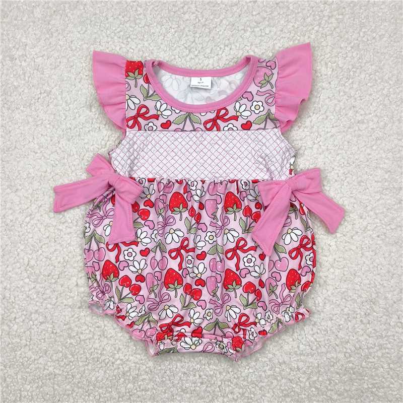 4.14 SR2953 Embroidered flower strawberry bow pattern pink flying sleeve vest jumpsuit