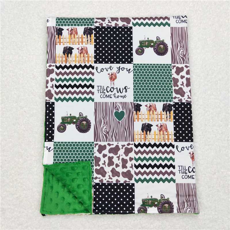 4.21BL0096 Farm cow tractor plaid green baby blanket