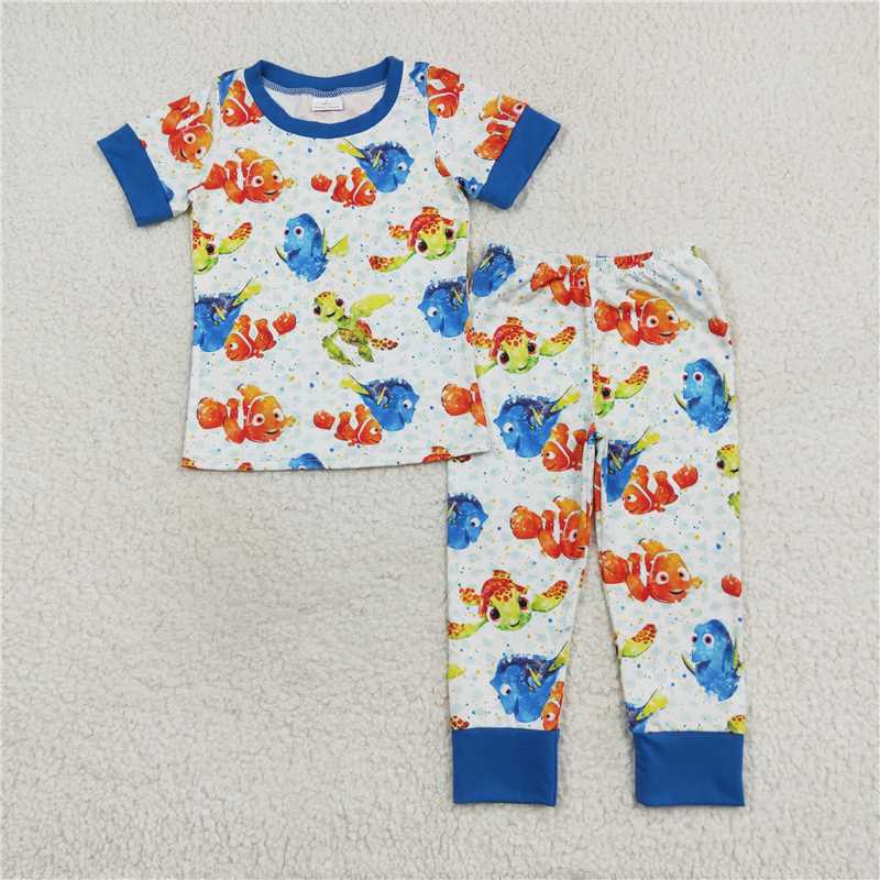 BSPO0419 Cartoon Finding Nemo turtle fish blue short-sleeved long pants pajamas set