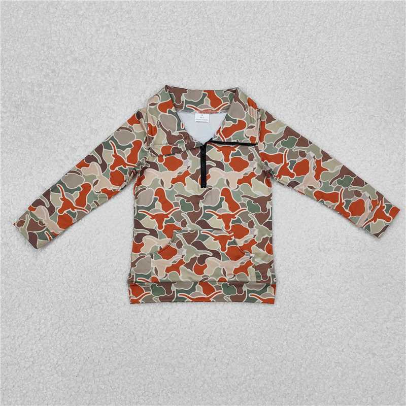 X1.1 BT1069 Alpine Bull Head Camouflage Brown-Green Zipper Long-Sleeve Top
