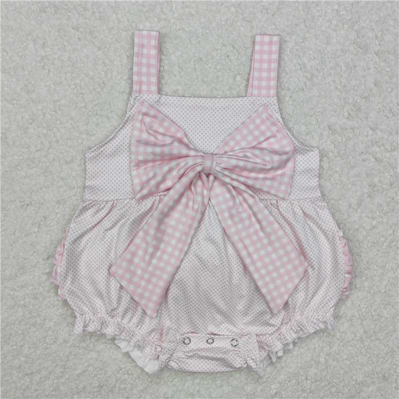 4.22SR2280 Polka dot pink plaid bow camisole jumpsuit
