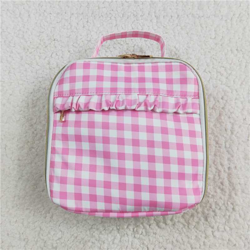 4.19 BA0283 Square pink and white plaid lace lunch box bag