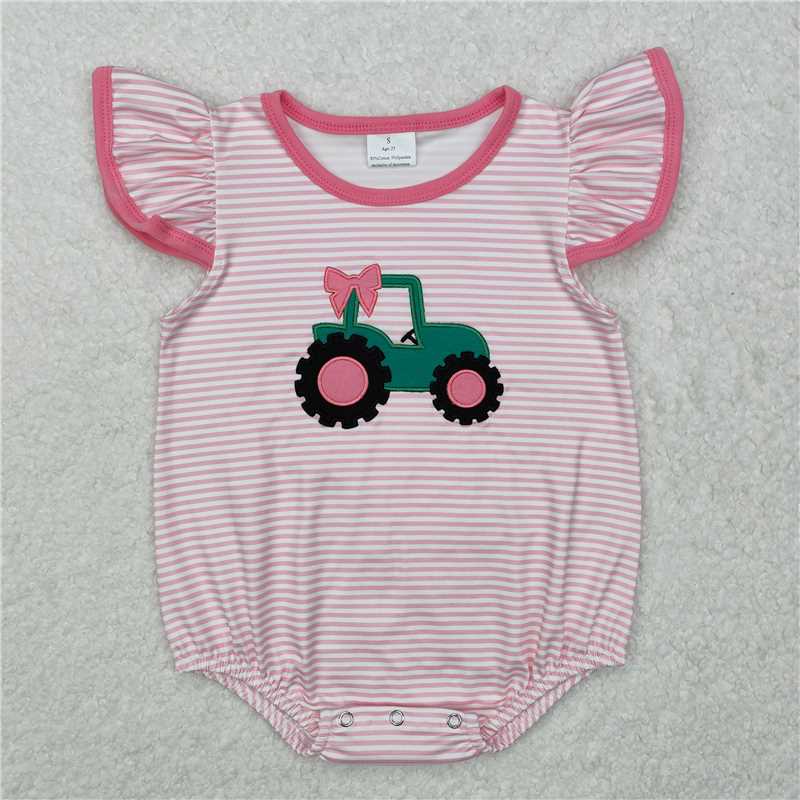4.22SR2432 Embroidered farm tractor pink striped vest bodysuit