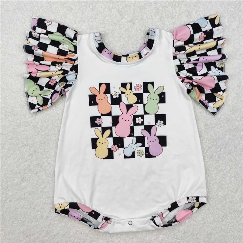 4.22SR2227 Easter bunny flower black and white plaid lace sleeve jumpsuit