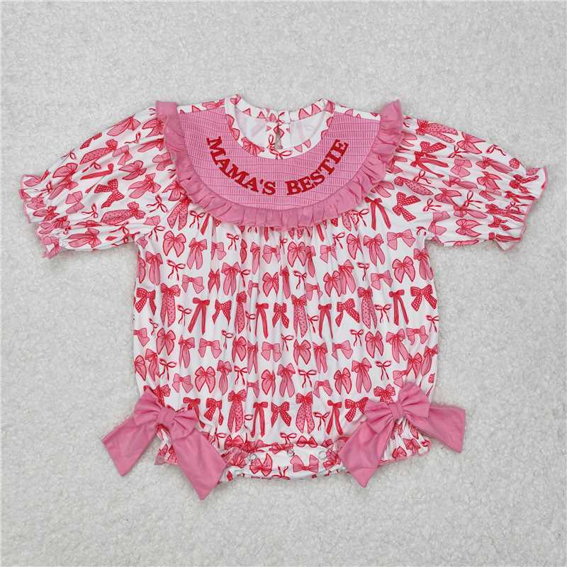 4.22SR2620 Pink and white short-sleeved bodysuit with embroidered mama's bestie bow pattern