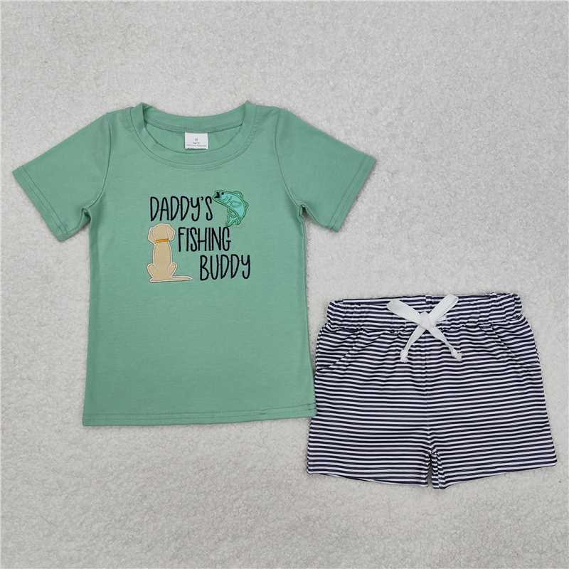 SSO1147 Embroidered daddy's fishing buddy fish puppy green short sleeve striped shorts set