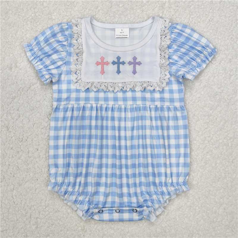 3.5 SR2133 Embroidered Cross Lace Blue Plaid Short Sleeve Bodysuit