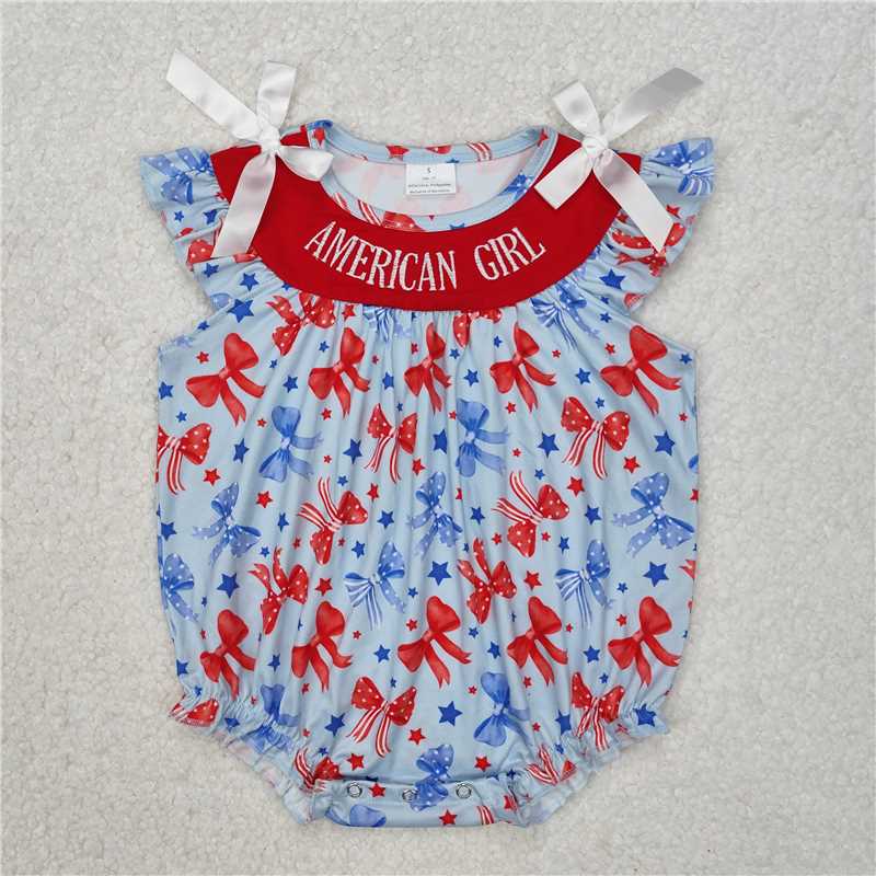 3.17 SR2589 Embroidered American Girl National Day bow pattern blue flying sleeve jumpsuit