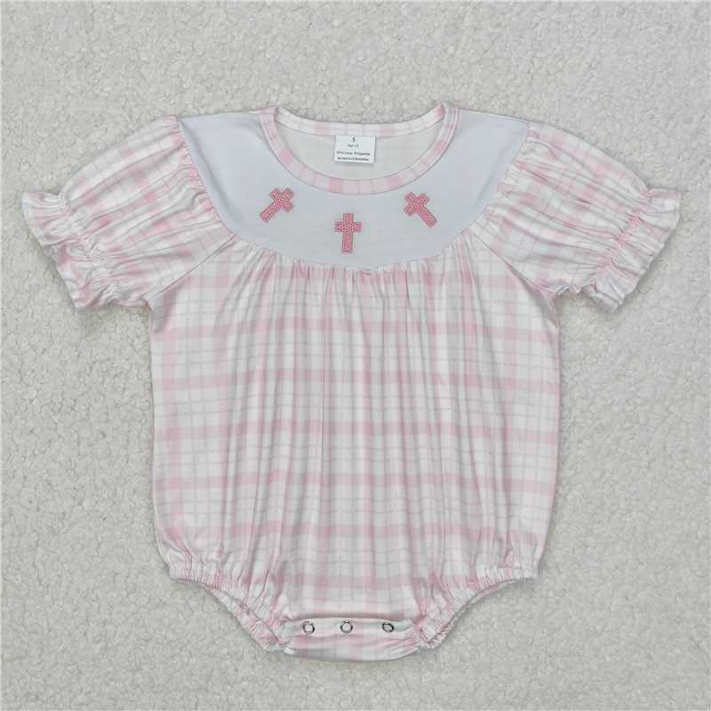 3.17 SR2504 Embroidered Easter Cross Pink Plaid Short Sleeve Bodysuit