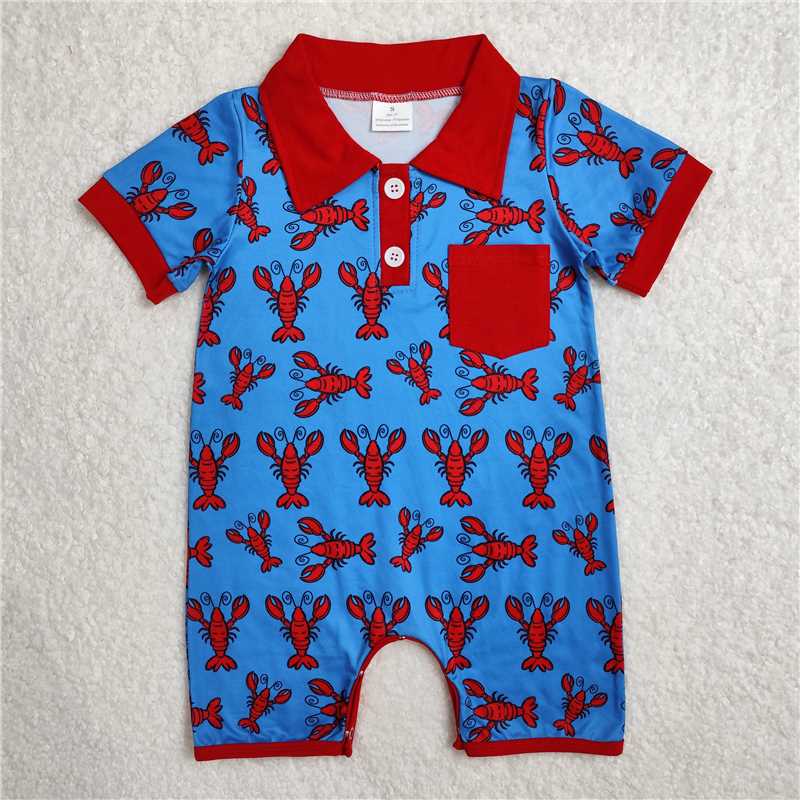 3.5 SR2460 Crayfish red pocket blue short-sleeved jumpsuit