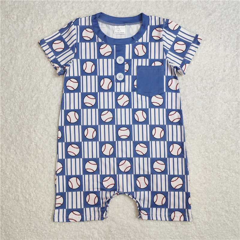 3.5 SR2313 Baseball blue pocket stripe plaid short sleeve jumpsuit