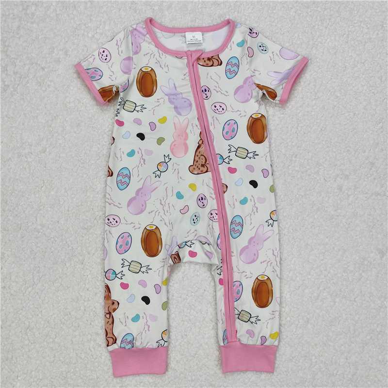 3.11SR2712 Easter bunny egg candy pink and white zip-up short-sleeved jumpsuit