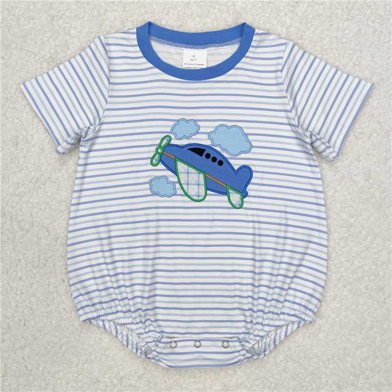 3.5 SR2244 Embroidered airplane, white clouds, blue striped short-sleeved jumpsuit