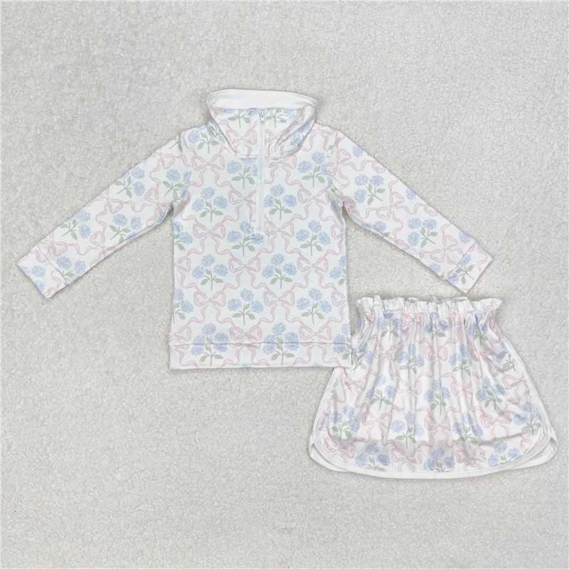 3.5 GLD1012 White zipper long-sleeved skirt suit with pink flower and bow pattern
