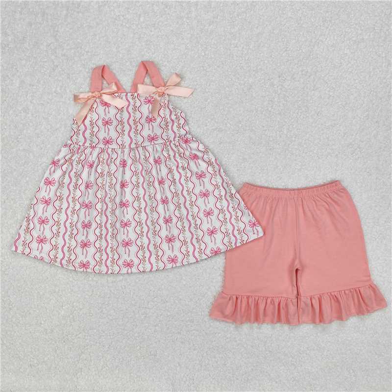 3.11 GSSO2094 Pink bow floral wavy stripes white suspender lace shorts set