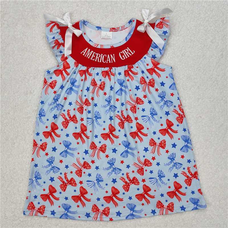 3.11 GSD1827 Embroidered American Girl National Day Bow Pattern Blue Flying Sleeve Dress