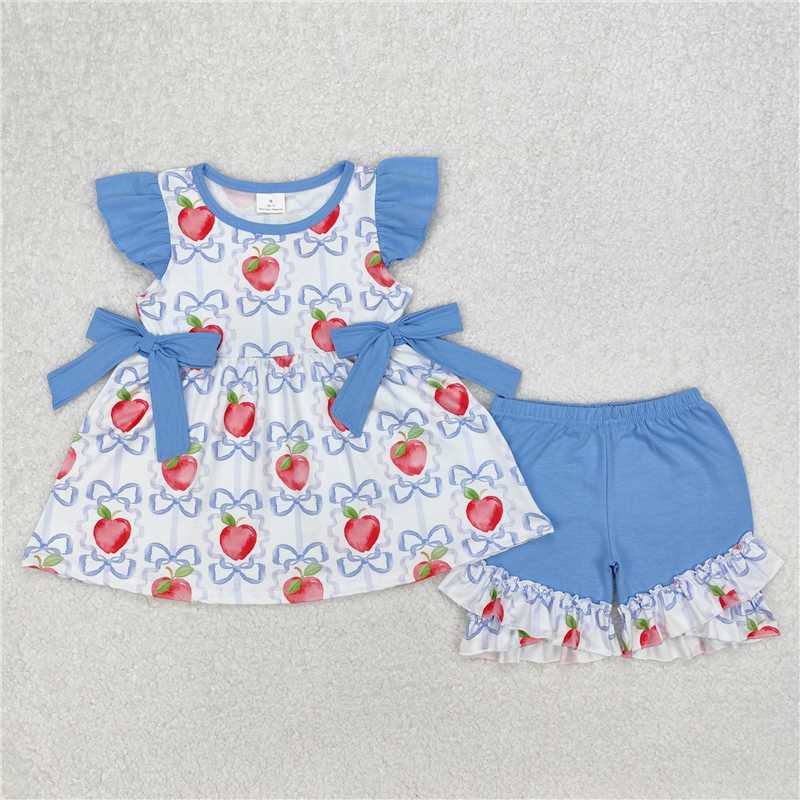 3.11 GSSO2114 Apple blue bow pattern lace flying sleeve shorts set