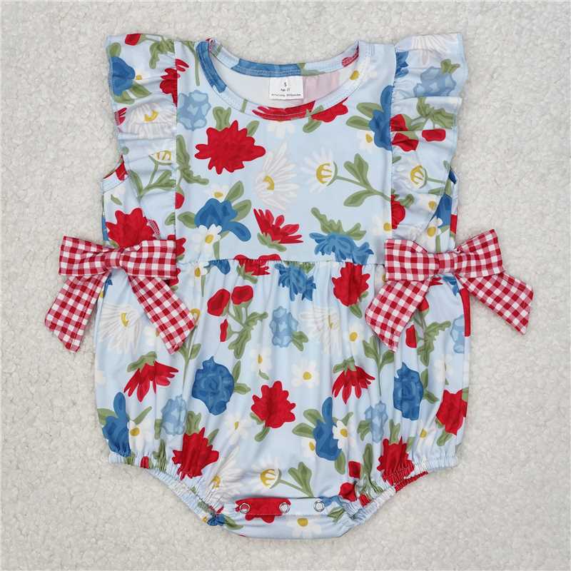 3.11SR2593 Flower and leaf red plaid bow blue lace sleeve vest jumpsuit