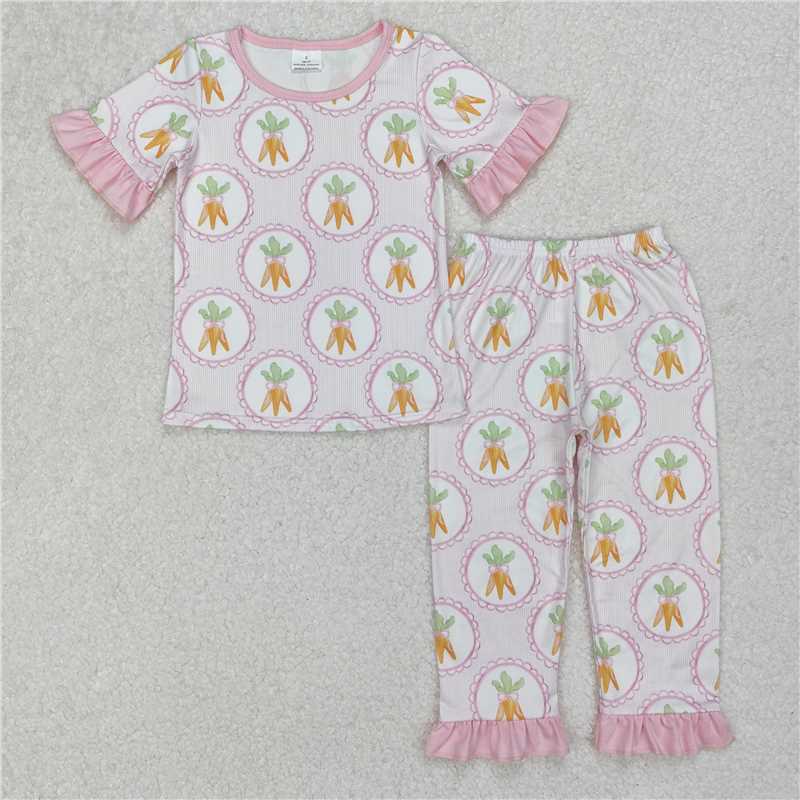 3.24GSPO1992 Easter carrot pink striped short-sleeved long pants pajama set