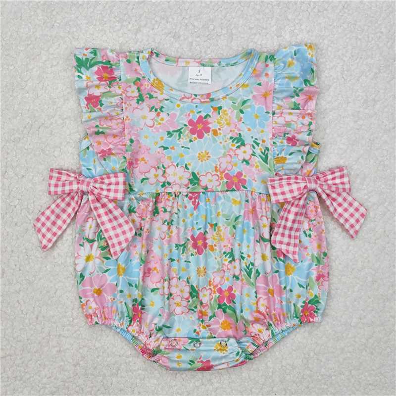 3.11 SR2719 Floral pink plaid bow lace sleeve vest jumpsuit