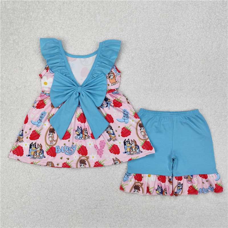 3.10 GSSO1904 bluey boots strawberry flowers blue lace bow pink sleeveless shorts set