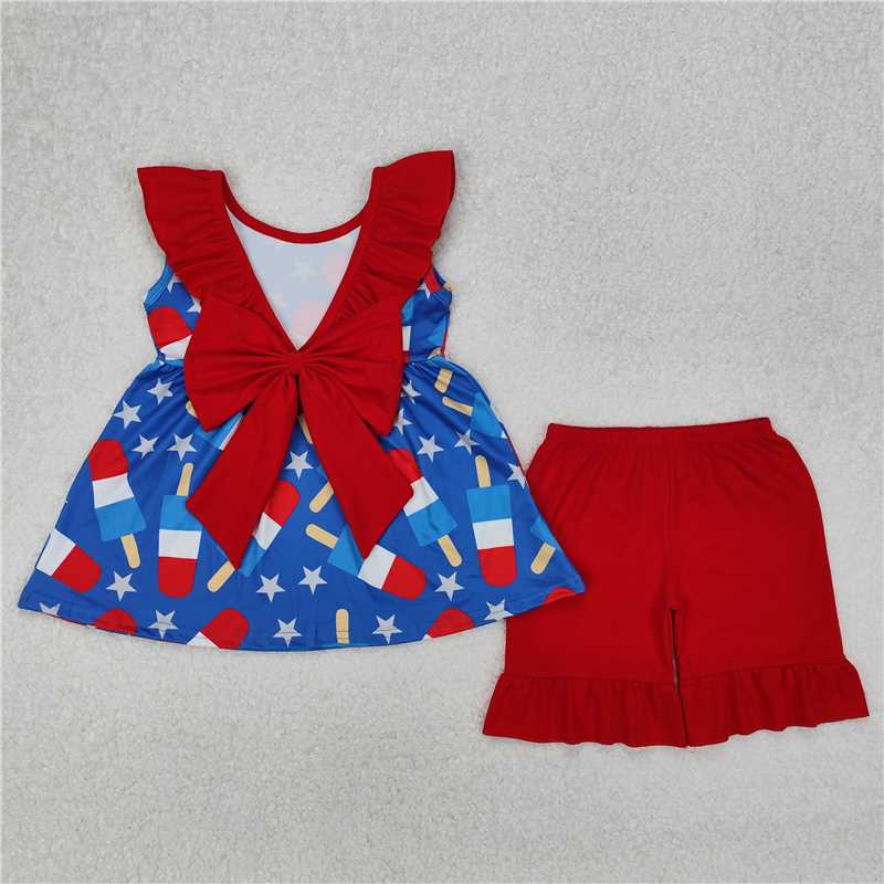 3.10 GSSO1765 National Day Star Popsicle Red Lace Blue Sleeveless Shorts Set