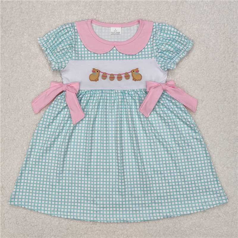 3.11 GSD1773 Embroidered Easter bunny egg pink bow doll collar plaid short-sleeved dress