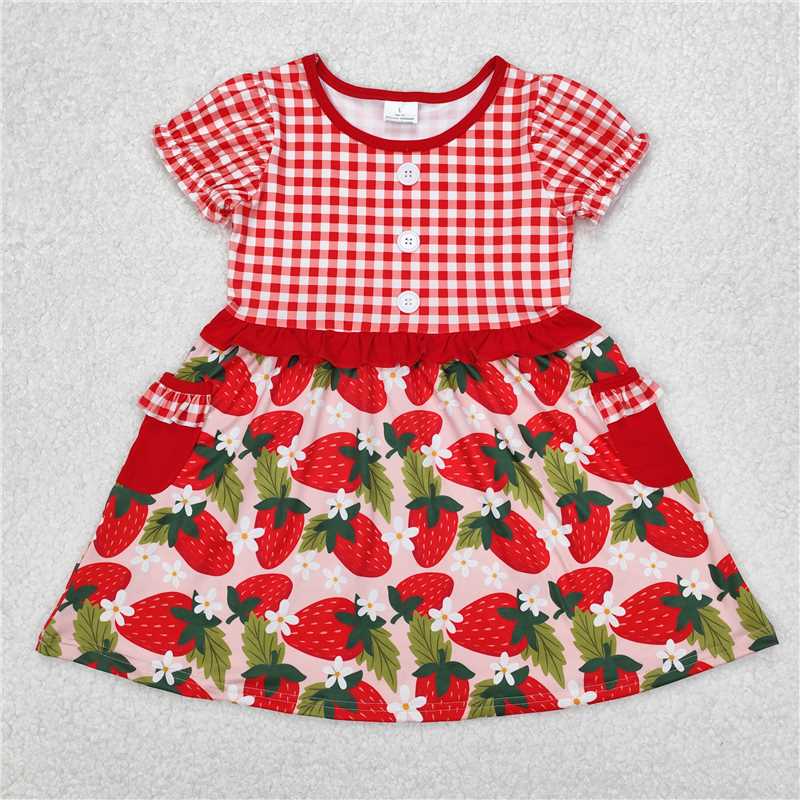 3.11 GSD1612 Strawberry flower leaf pocket red plaid short sleeve dress