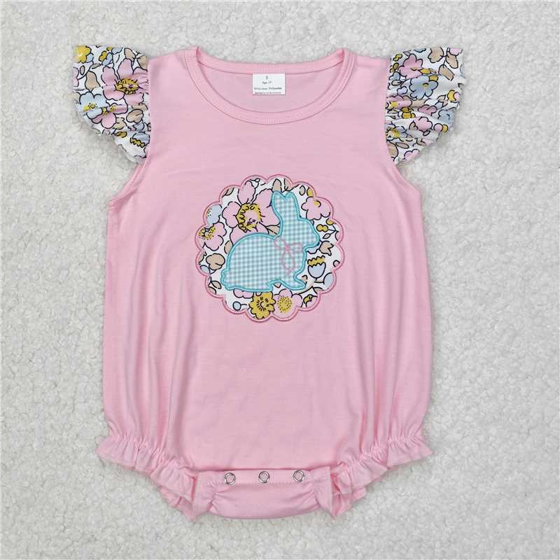 3.17 SR2054 Embroidered Easter flower floral plaid bunny pink flying sleeve vest jumpsuit