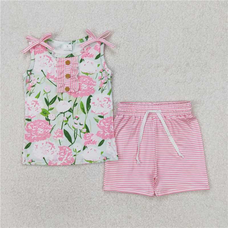 3.24 GSSO2357 Flower and leaf button green sleeveless pink striped shorts set