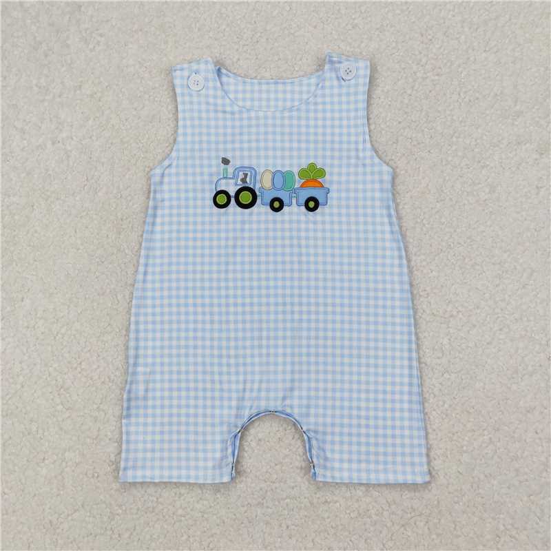 5.10 SR2402 Embroidered Easter Egg Carrot Tractor Blue Plaid Sleeveless Bodysuit