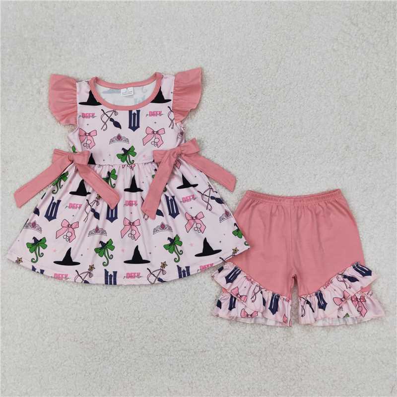 3.24 GSSO2006 Cartoon witch hat crown pink lace bow pattern flying sleeve shorts suit
