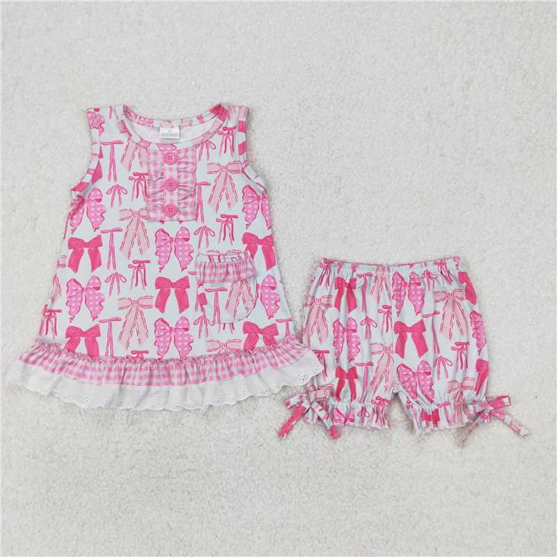3.24 GSSO2187 Pink bow pattern plaid lace sleeveless shorts set